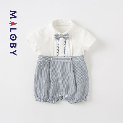 Combinaison rayée avec nœud papillon pour bébé garçon, parfaite pour les anniversaires.
