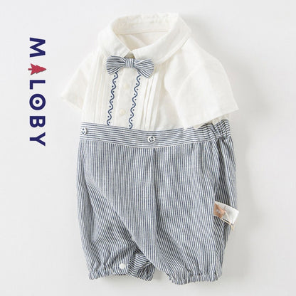 Combinaison rayée avec nœud papillon pour bébé garçon, parfaite pour les anniversaires.