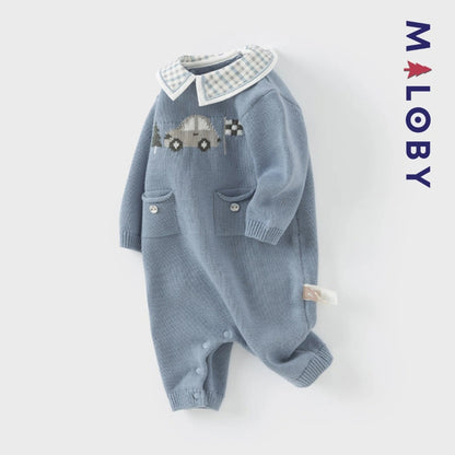 Combinaison en tricot bleu gris pour enfant garçon - MALOBY, idéale pour les anniversaires.