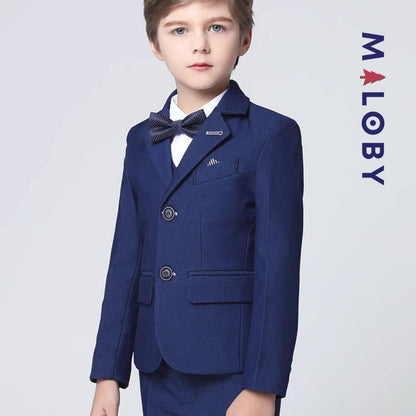 Costume 5 pièces bleu pour garçon, idéal pour anniversaires et événements festifs.