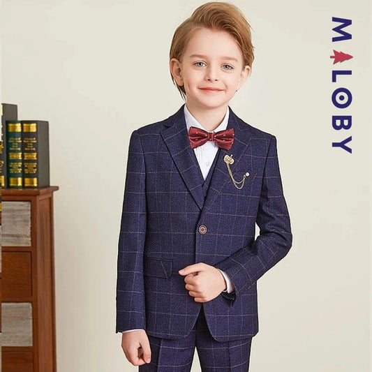 Costume à carreaux bleu 5 pièces pour garçon, parfait pour les occasions spéciales.