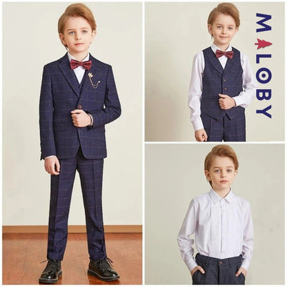 Costume à carreaux bleu 5 pièces pour garçon, parfait pour les occasions spéciales.