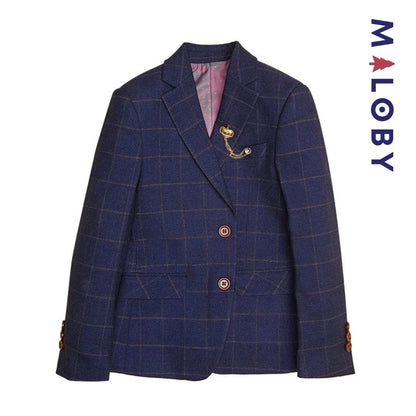 Costume à carreaux bleu 5 pièces pour garçon, parfait pour les occasions spéciales.