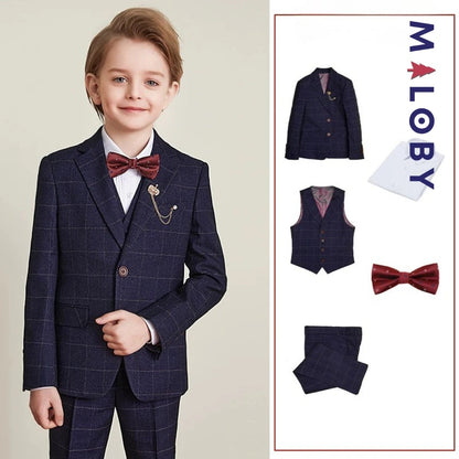 Costume à carreaux bleu 5 pièces pour garçon, parfait pour les occasions spéciales.