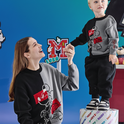 Pull en tricot parent-enfant unisexe- Noir