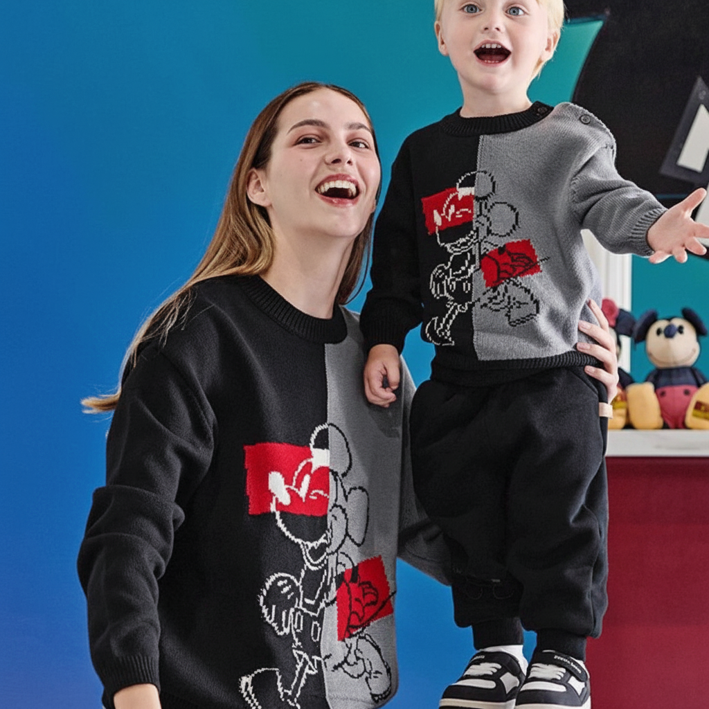Pull en tricot parent-enfant unisexe- Noir