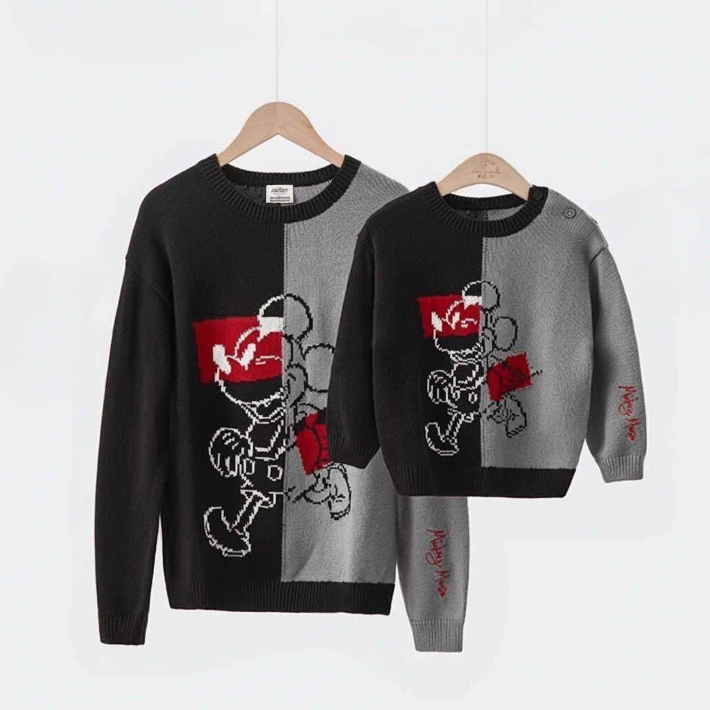 Pull en tricot parent-enfant unisexe- Noir
