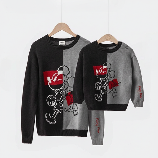 Pull en tricot parent-enfant unisexe- Noir
