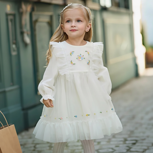 Robe cérémonie brodée fleurs enfant fille -Beige