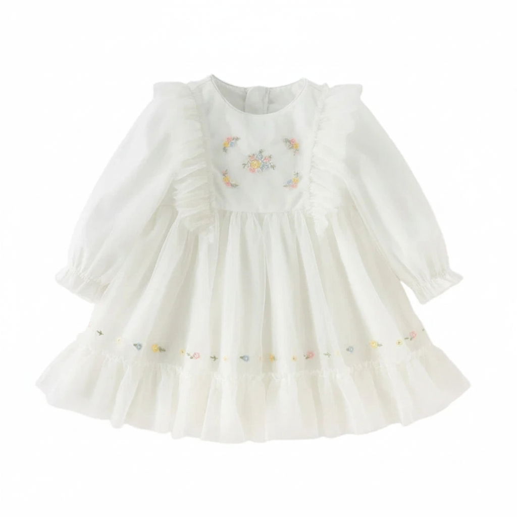 Robe cérémonie brodée fleurs enfant fille -Beige