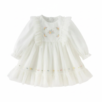 Robe cérémonie brodée fleurs enfant fille -Beige