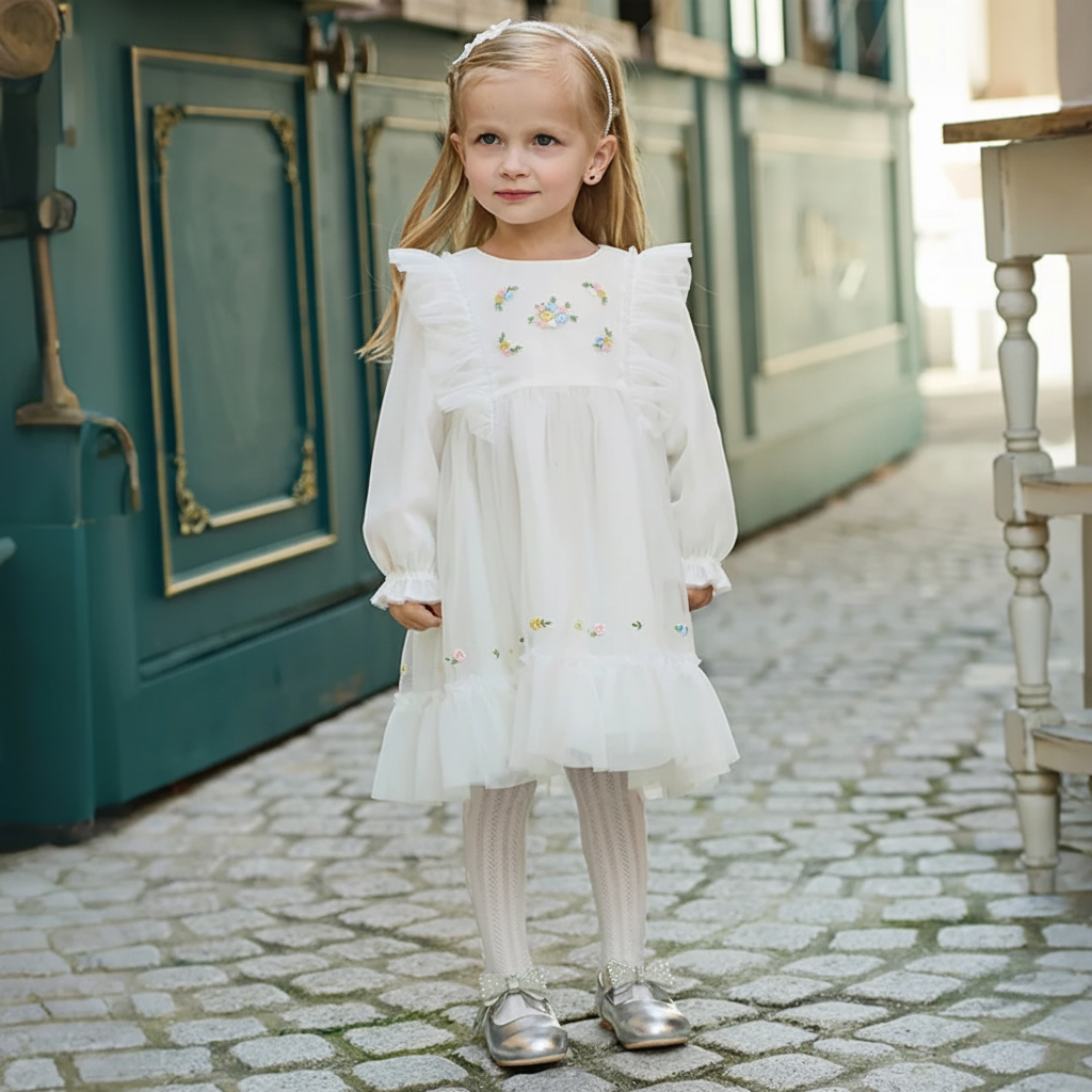 Robe cérémonie brodée fleurs enfant fille -Beige