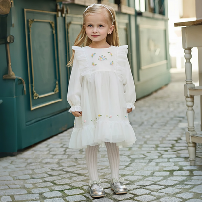 Robe cérémonie brodée fleurs enfant fille -Beige