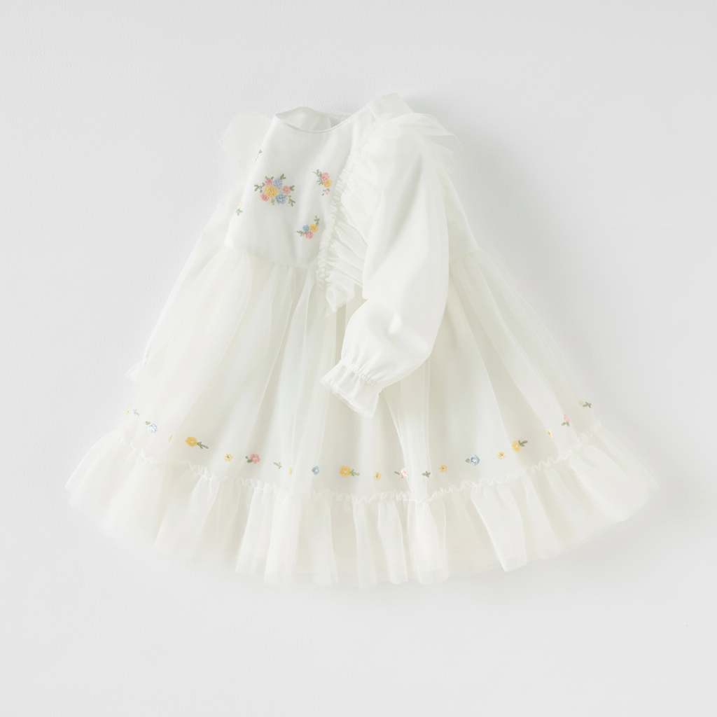 Robe cérémonie brodée fleurs enfant fille -Beige
