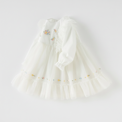 Robe cérémonie brodée fleurs enfant fille -Beige
