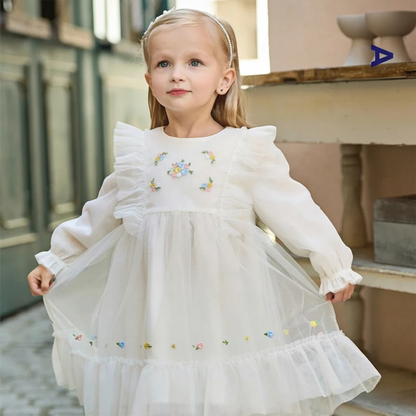 Robe cérémonie brodée fleurs enfant fille -Beige