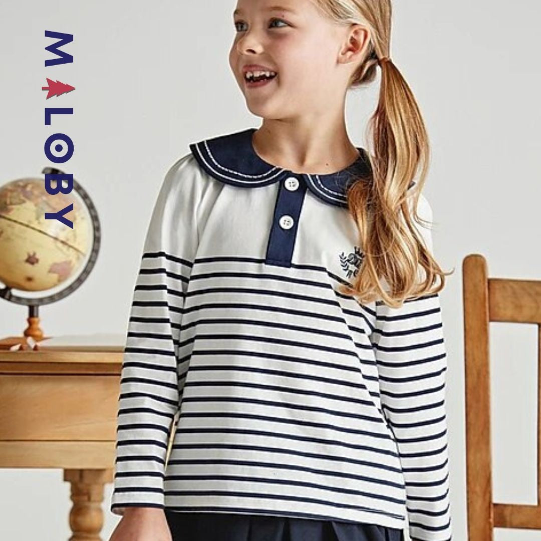 T-shirt marinière manches longues blanc et marine pour enfants, en coton anti-allergiques