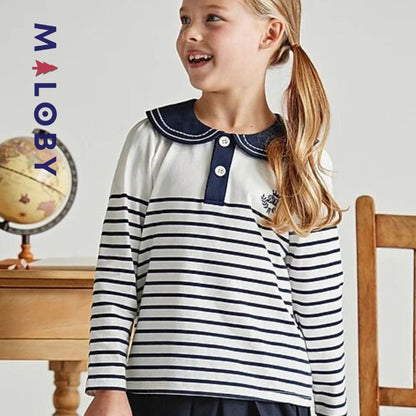 T-shirt marinière manches longues blanc et marine pour enfants, en coton anti-allergiques