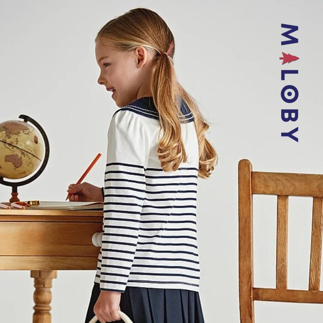 T-shirt marinière manches longues blanc et marine pour enfants, en coton anti-allergiques