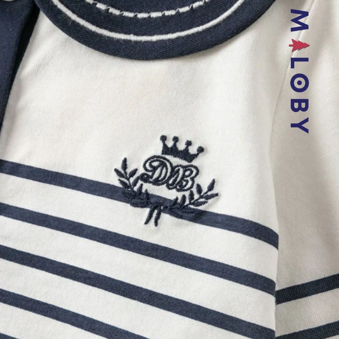 T-shirt marinière manches longues blanc et marine pour enfants, en coton anti-allergiques