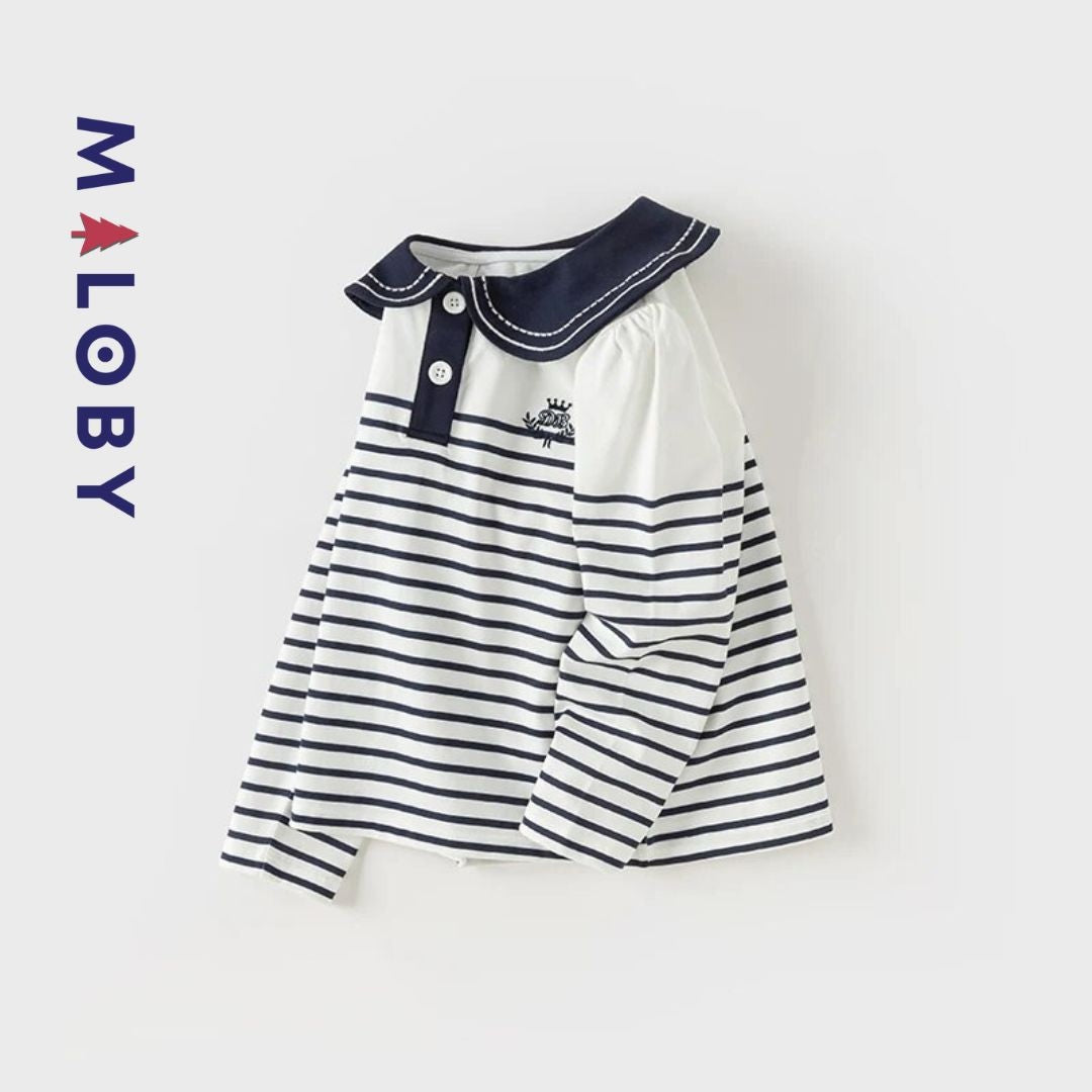 T-shirt marinière manches longues blanc et marine pour enfants, en coton anti-allergiques