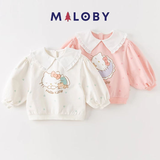 T-shirt motif Hello Kitty pour fille, manches longues en coton beige et rose, idéal pour les anniversaires.