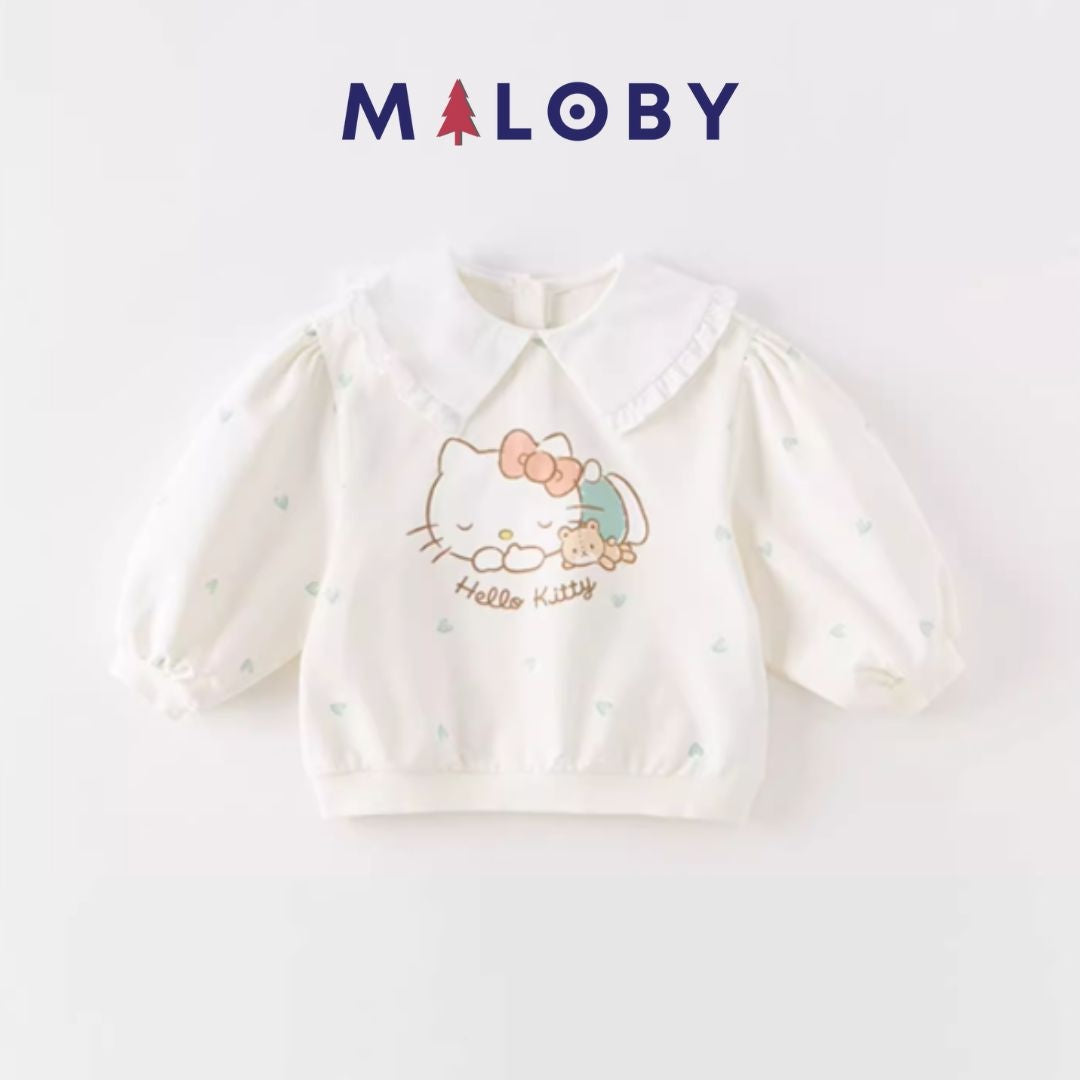 T-shirt motif Hello Kitty pour fille, manches longues en coton beige et rose, idéal pour les anniversaires.