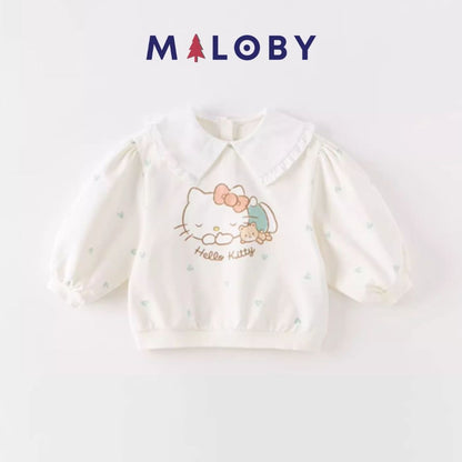 T-shirt motif Hello Kitty pour fille, manches longues en coton beige et rose, idéal pour les anniversaires.