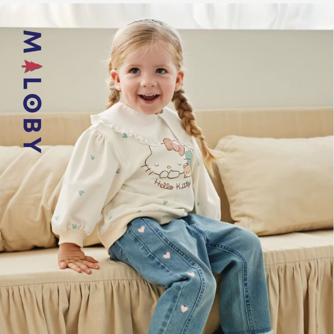 T-shirt motif Hello Kitty pour fille, manches longues en coton beige et rose, idéal pour les anniversaires.