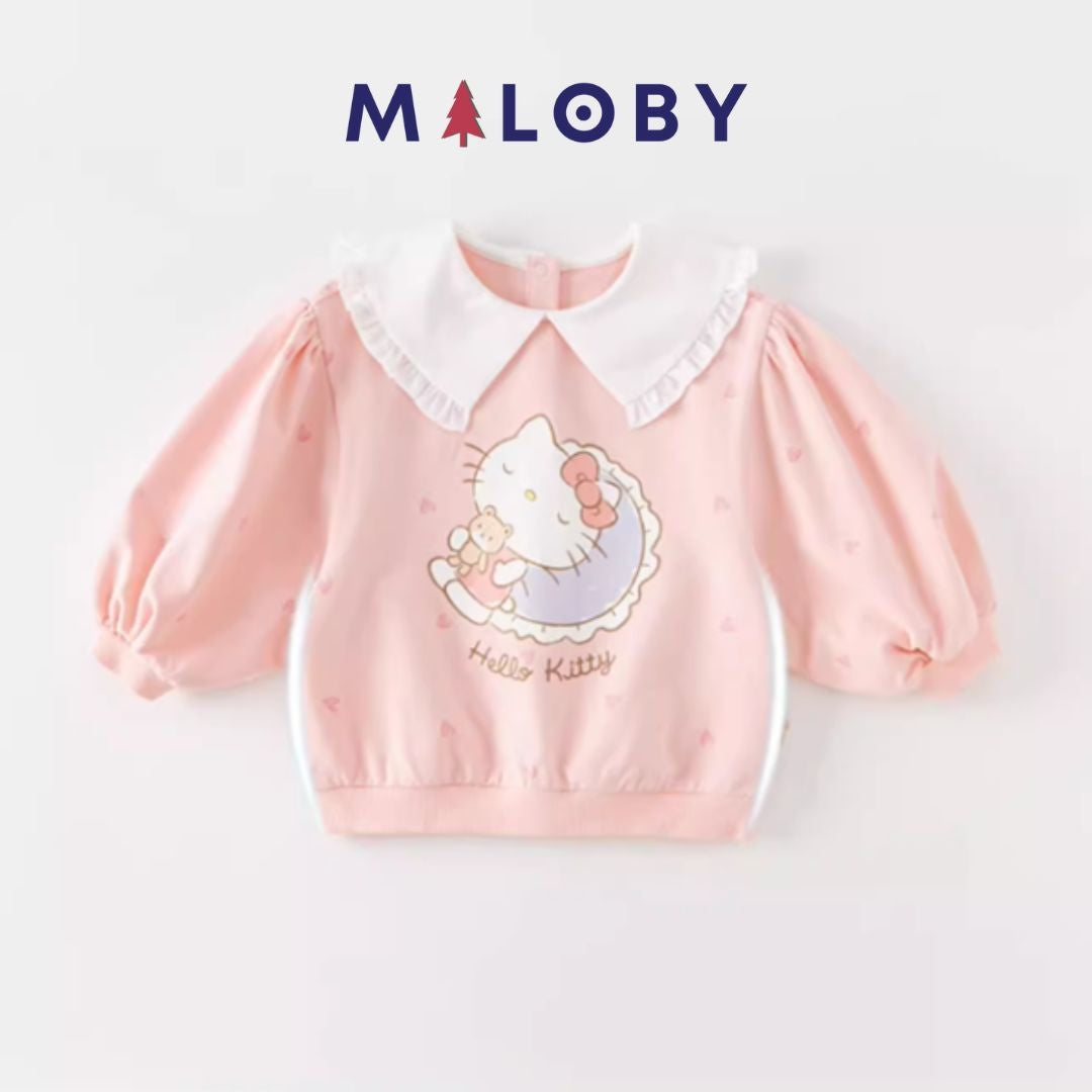 T-shirt motif Hello Kitty pour fille, manches longues en coton beige et rose, idéal pour les anniversaires.