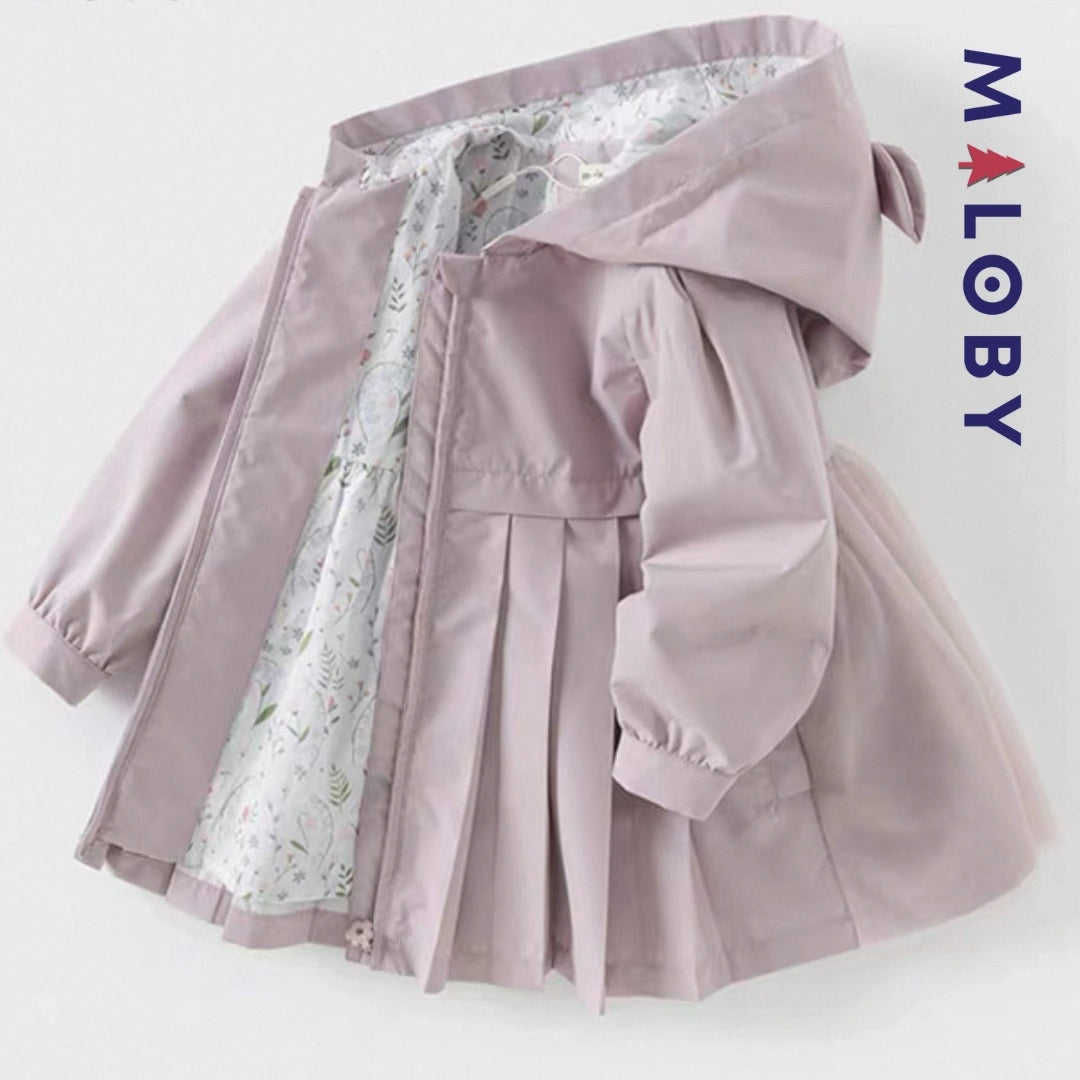 Trench violet à capuche pour fille avec doublure imprimée, idéal pour les vêtements enfants
