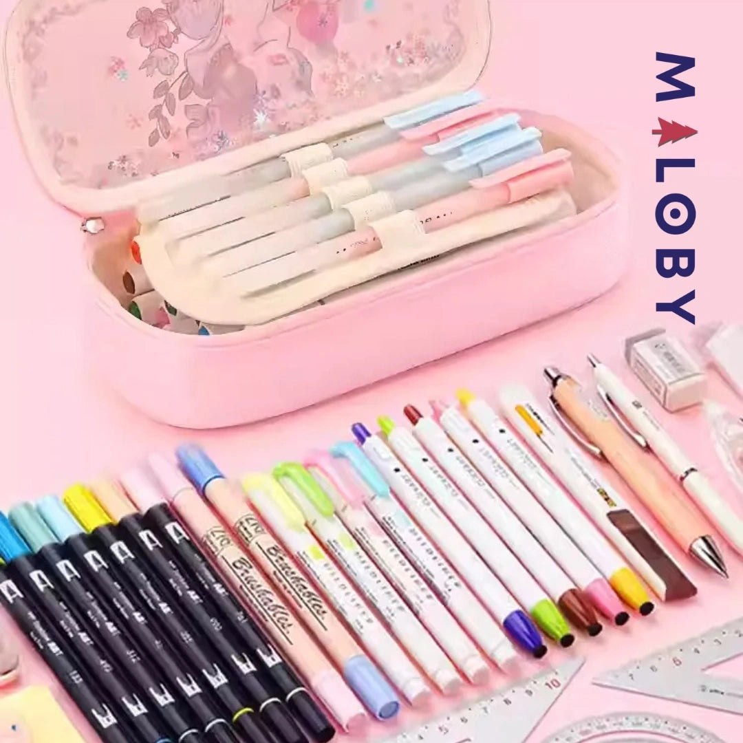 Trousse à crayon rose pour fille, accessoire idéal pour enfants, MALOBY.