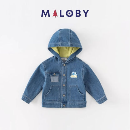 Veste denim à capuche pour garçon, idéale pour vêtements enfants et anti-allergiques.