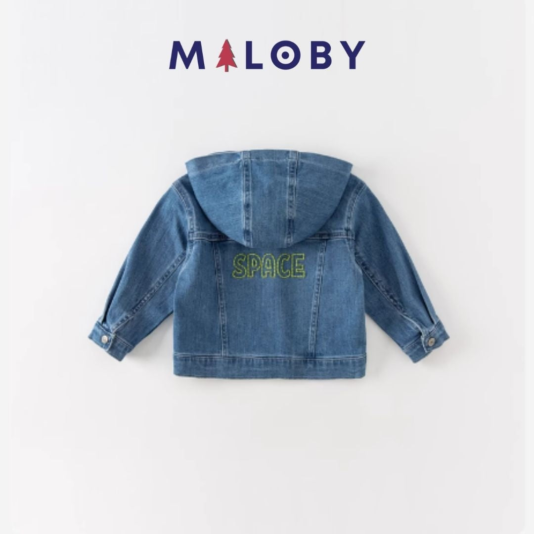 Veste denim à capuche pour garçon, idéale pour vêtements enfants et anti-allergiques.