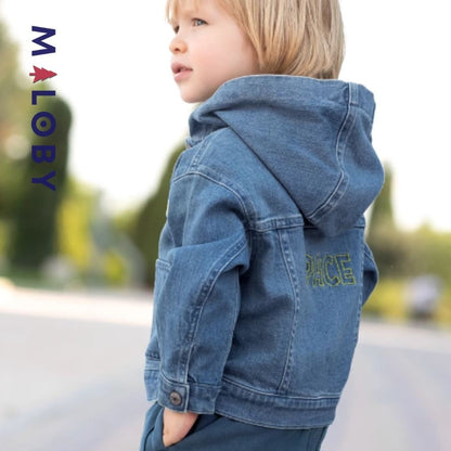 Veste denim à capuche pour garçon, idéale pour vêtements enfants et anti-allergiques.