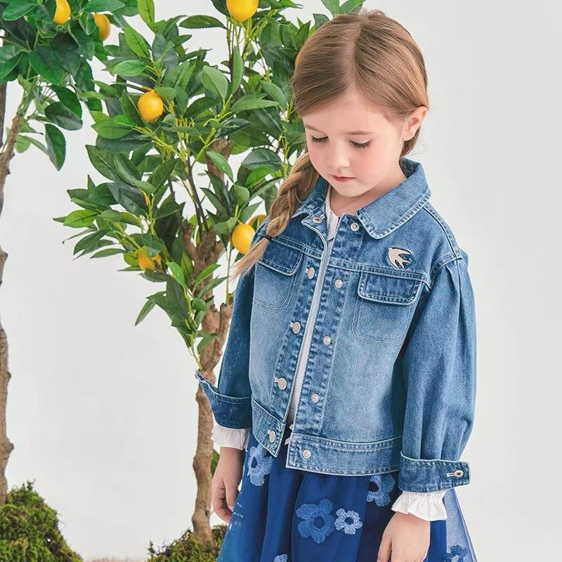 Veste en jean brodée pour fille, mode enfantine en coton et anti-allergique