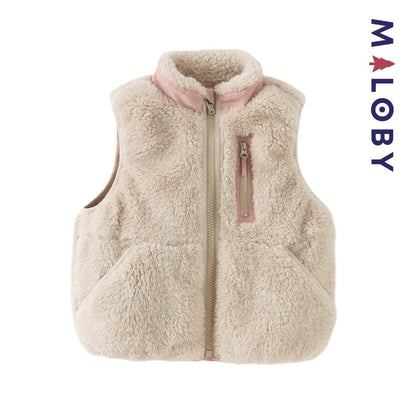 Veste sans manches en peluche rose pour fille, idéale pour les vêtements enfants et anti-allergiques.